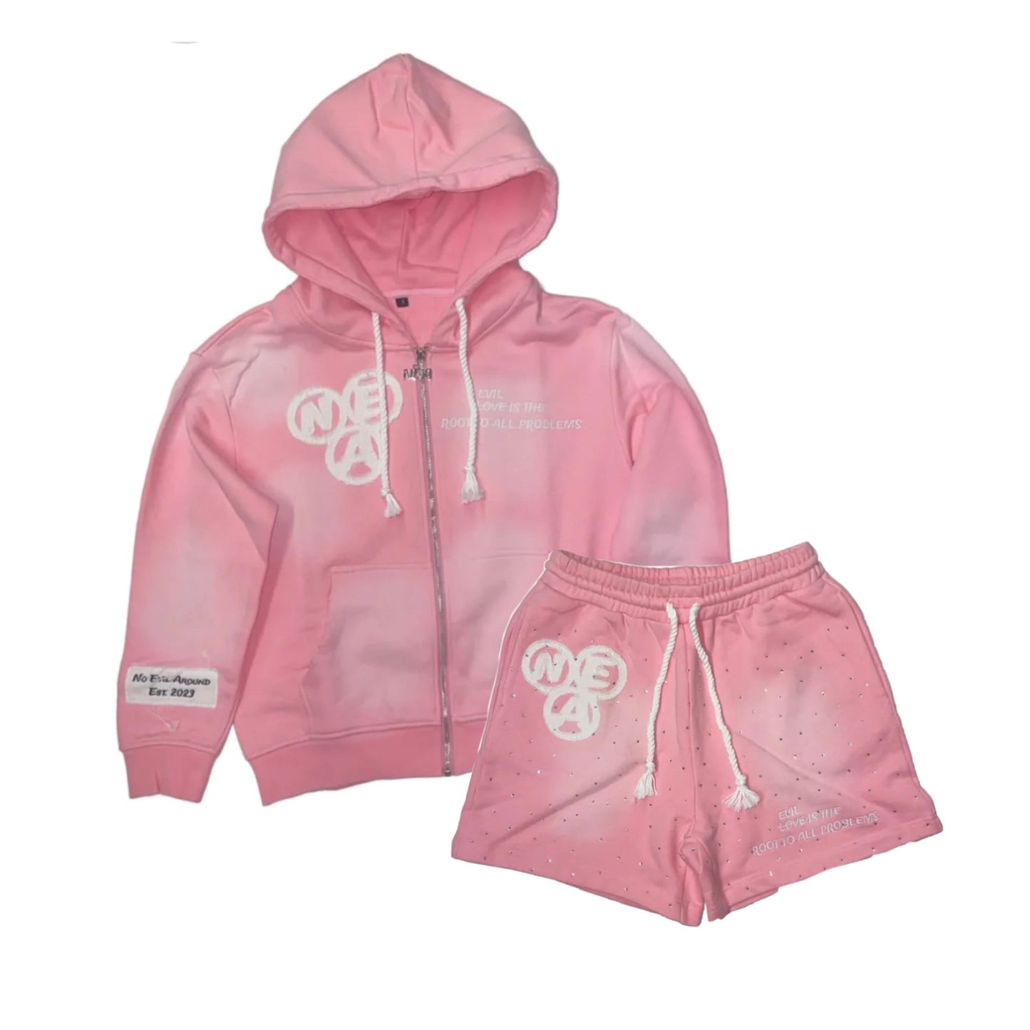 Pink acid wash zip-up and shorts SET