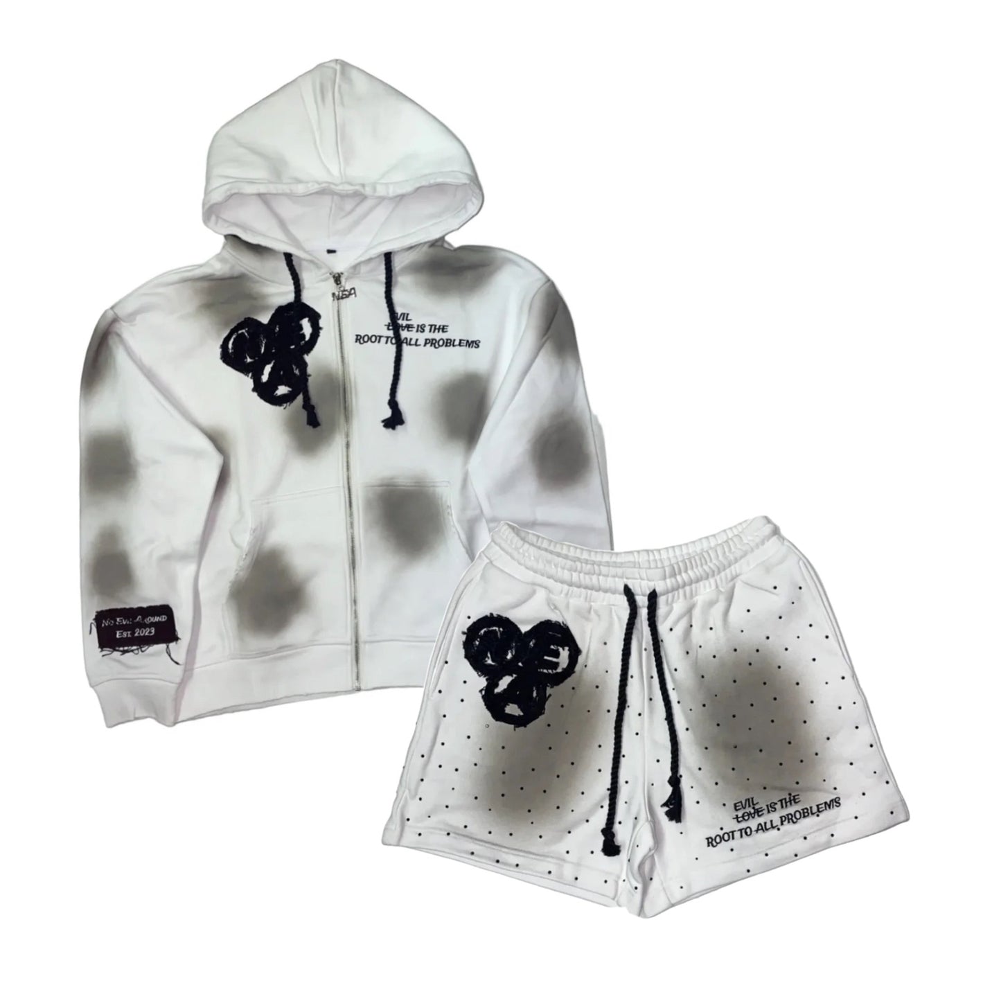 White (black) acid wash zip-up and shorts SET