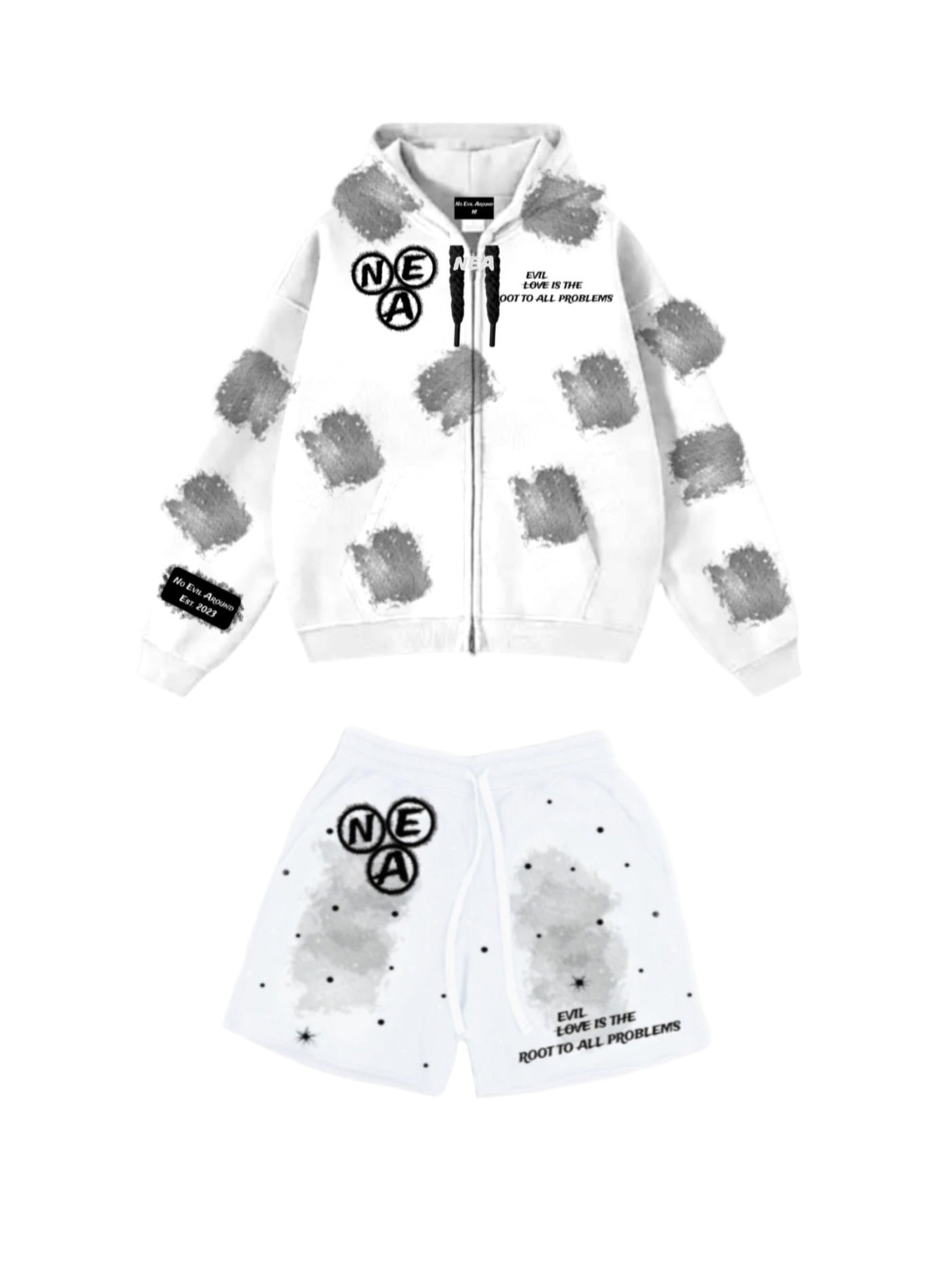 White (black) acid wash zip-up and shorts SET