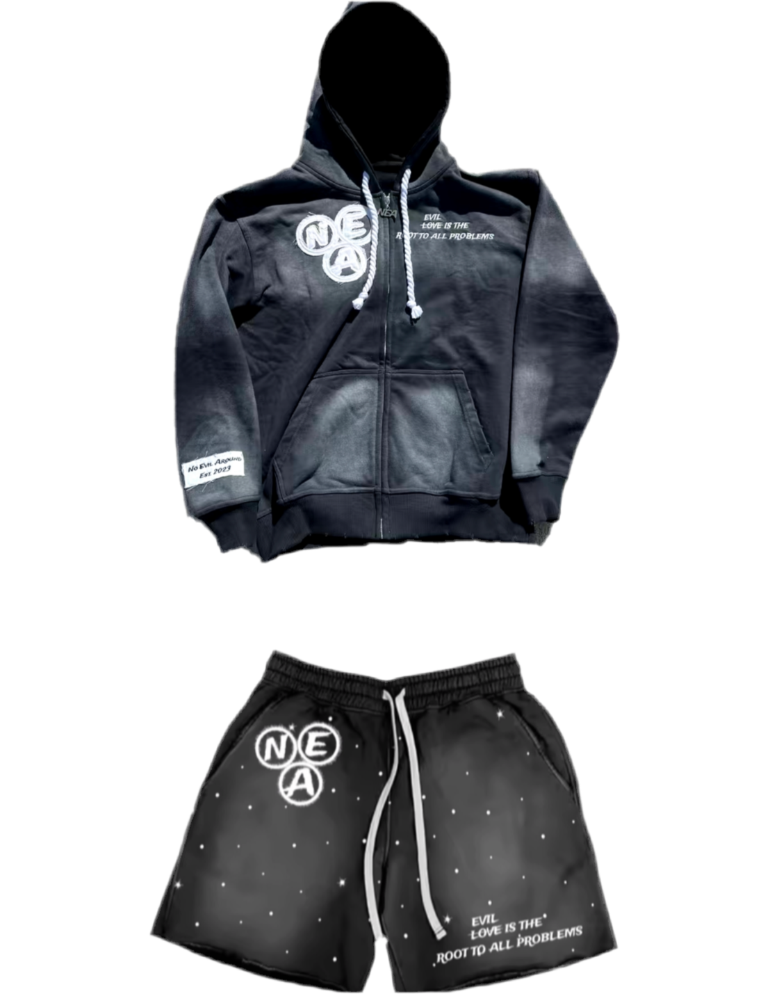Black acid wash zip-up and shorts SET