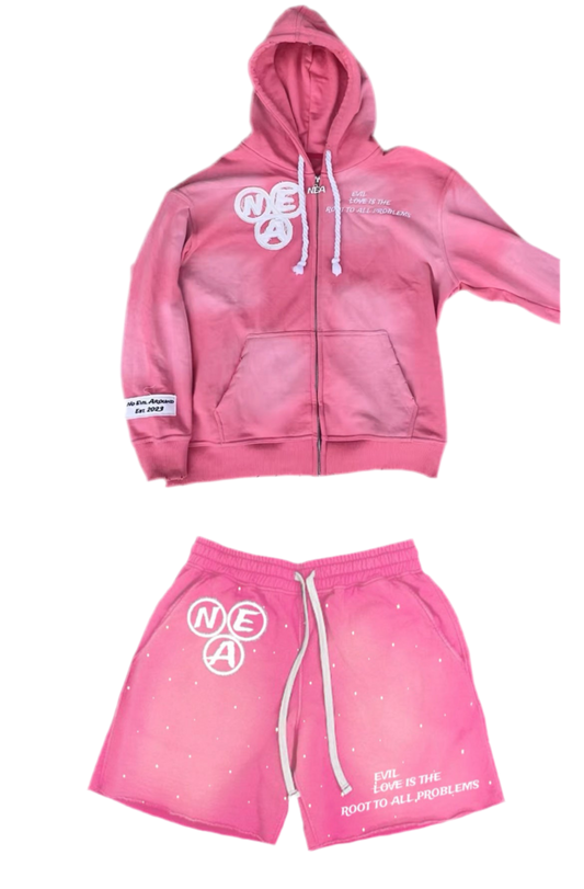 Pink acid wash zip-up and shorts SET