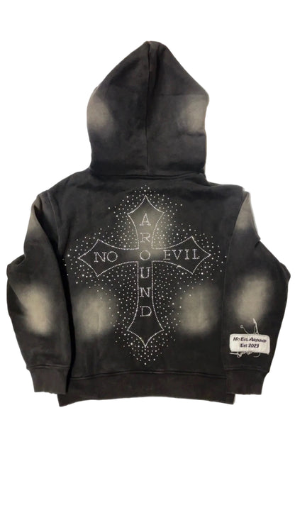 “Evil Is The Root To All Problems” acid wash zip-ups