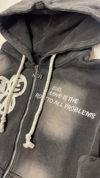 “Evil Is The Root To All Problems” acid wash zip-ups