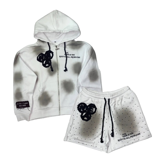 White (black) acid wash zip-up and shorts SET
