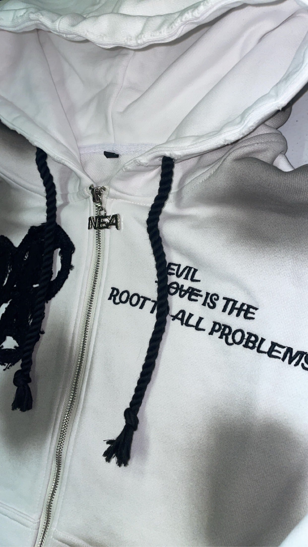 “Evil Is The Root To All Problems” acid wash zip-ups