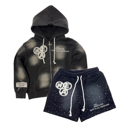 Black acid wash zip-up and shorts SET