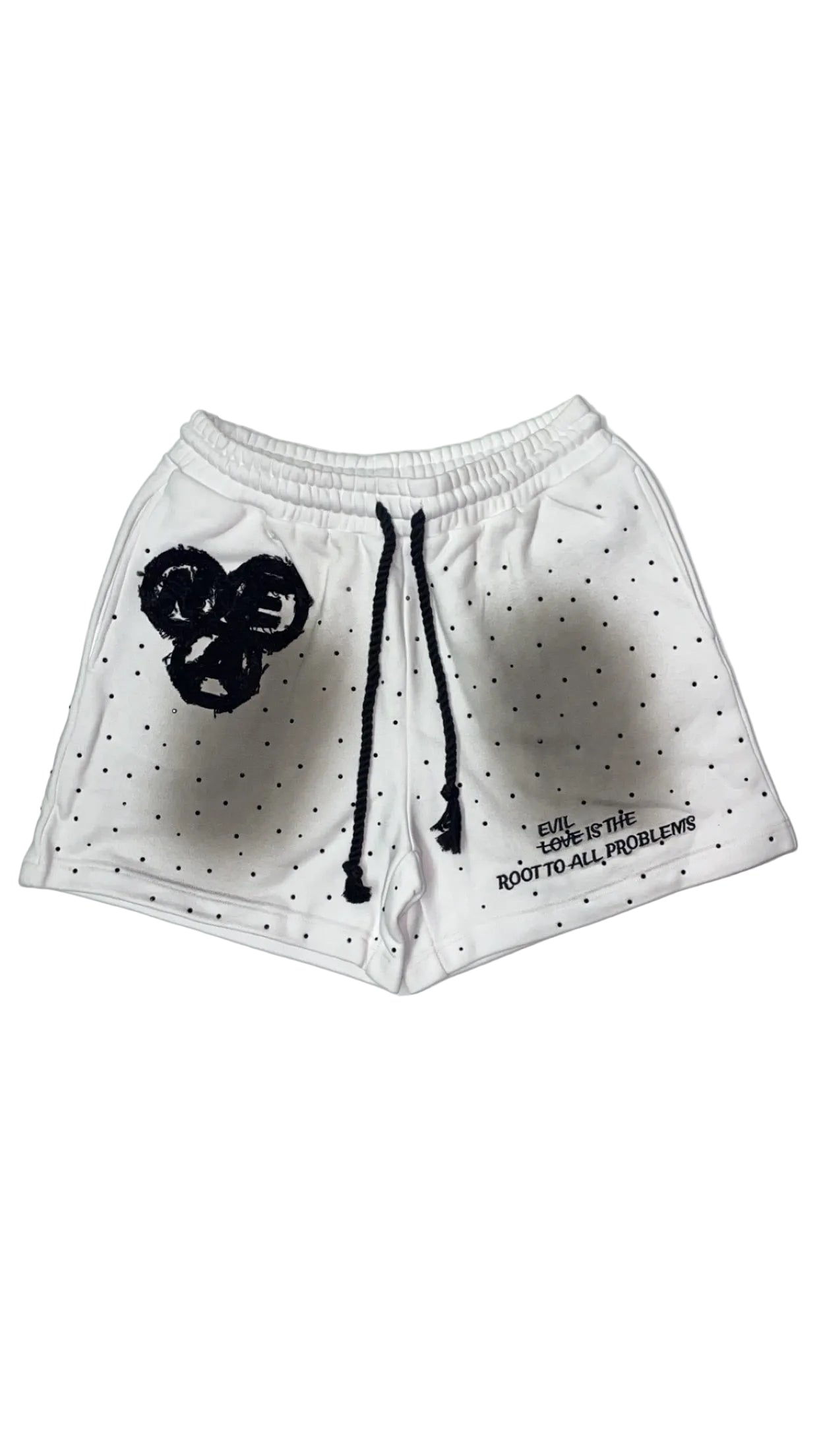 “Evil Is The Root To All Problems” acid wash shorts