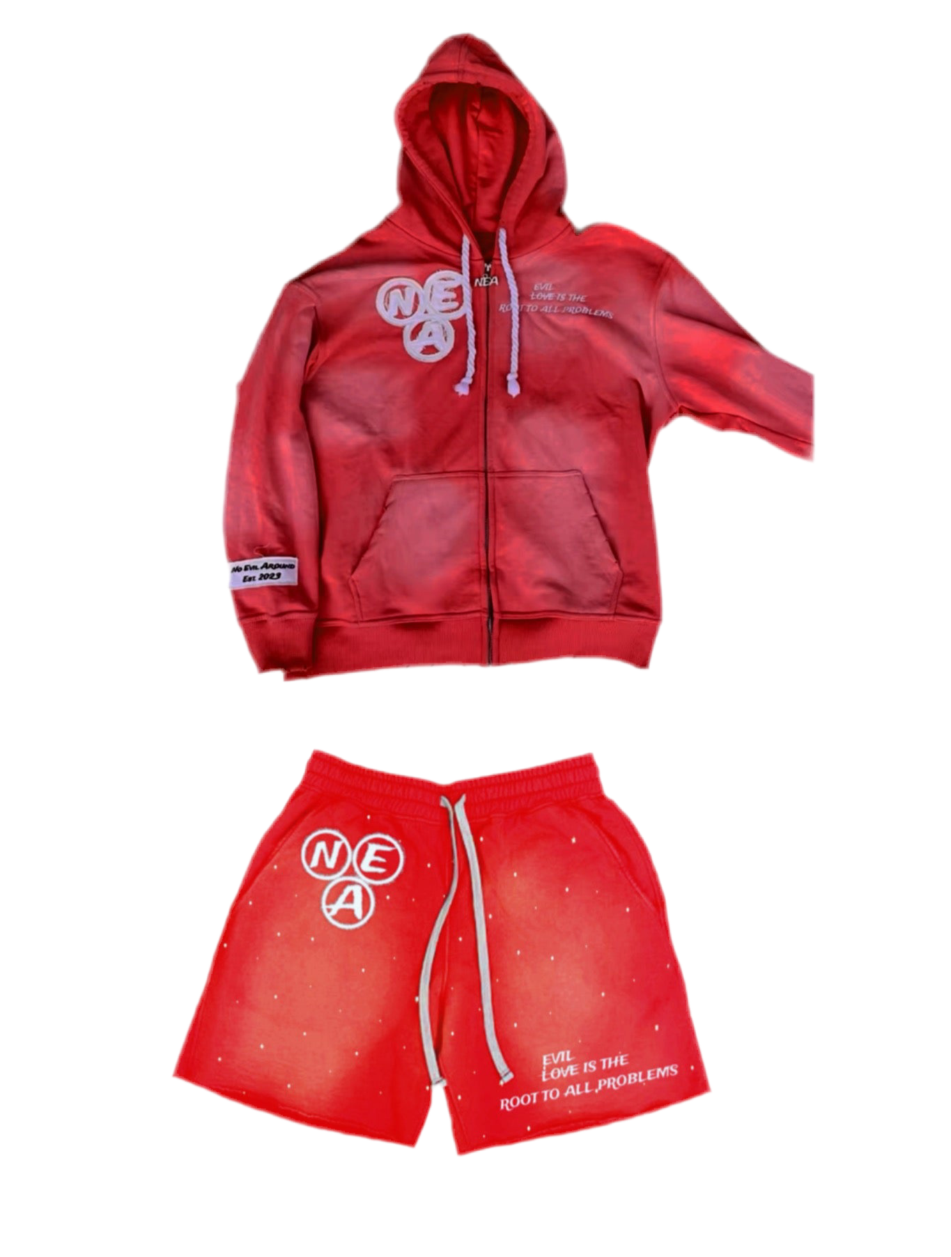 Red acid wash zip-up and shorts SET