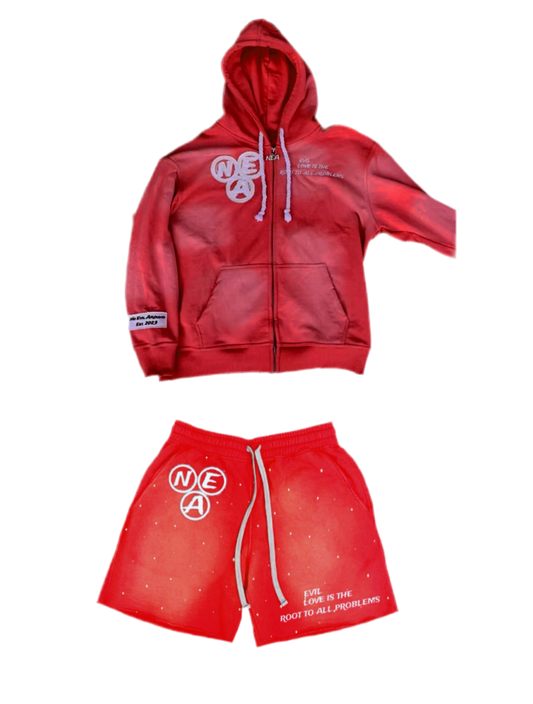 Red acid wash zip-up and shorts SET