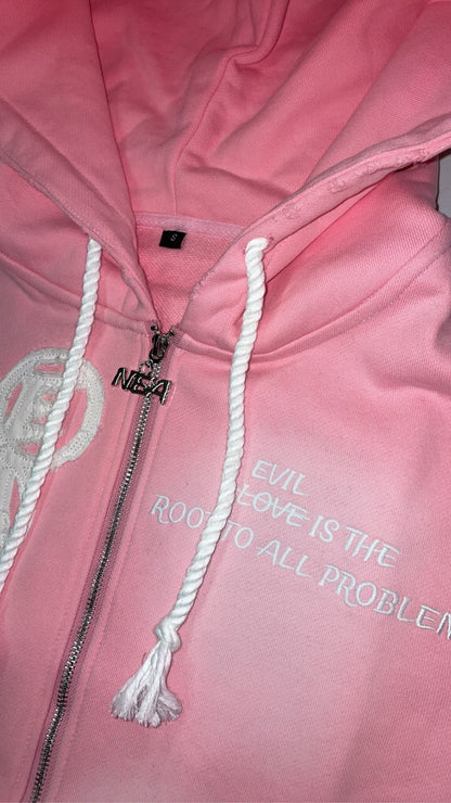 “Evil Is The Root To All Problems” acid wash zip-ups