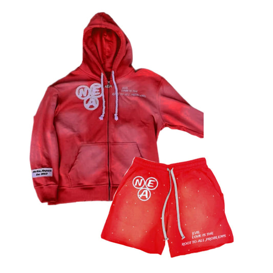 Red acid wash zip-up and shorts SET