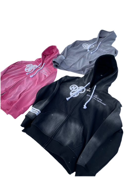 “Evil Is The Root To All Problems” acid wash zip-ups