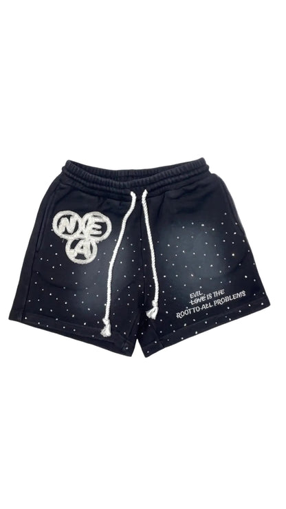 “Evil Is The Root To All Problems” acid wash shorts
