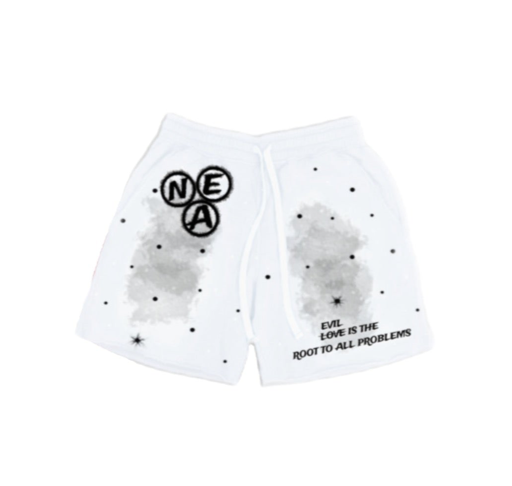 “Evil Is The Root To All Problems” acid wash shorts