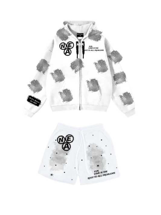White (black) acid wash zip-up and shorts SET