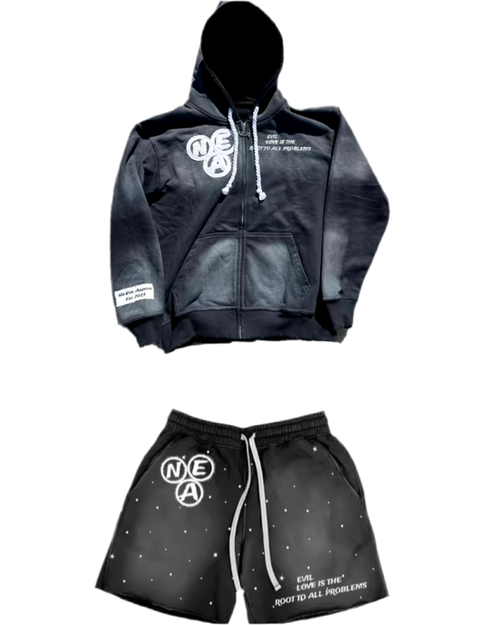 Black acid wash zip-up and shorts SET
