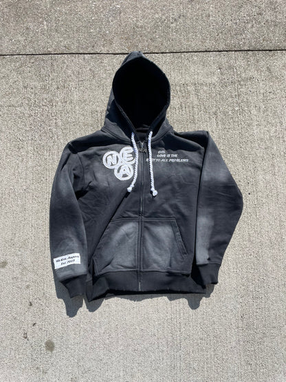 “Evil Is The Root To All Problems” acid wash zip-ups