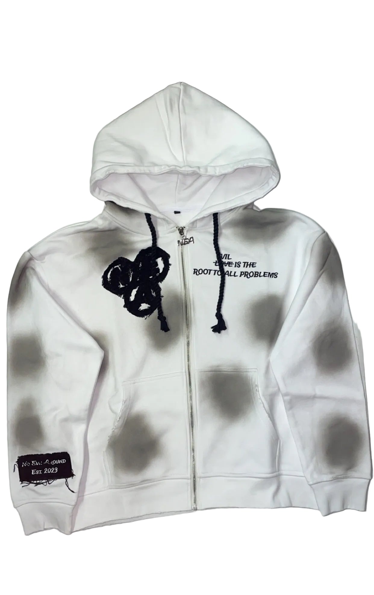 “Evil Is The Root To All Problems” acid wash zip-ups