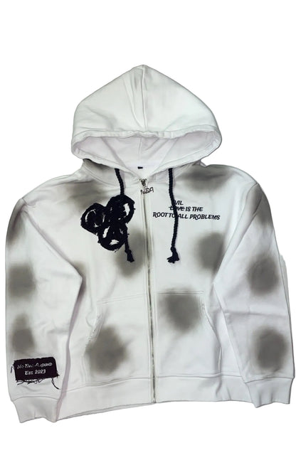 “Evil Is The Root To All Problems” acid wash zip-ups