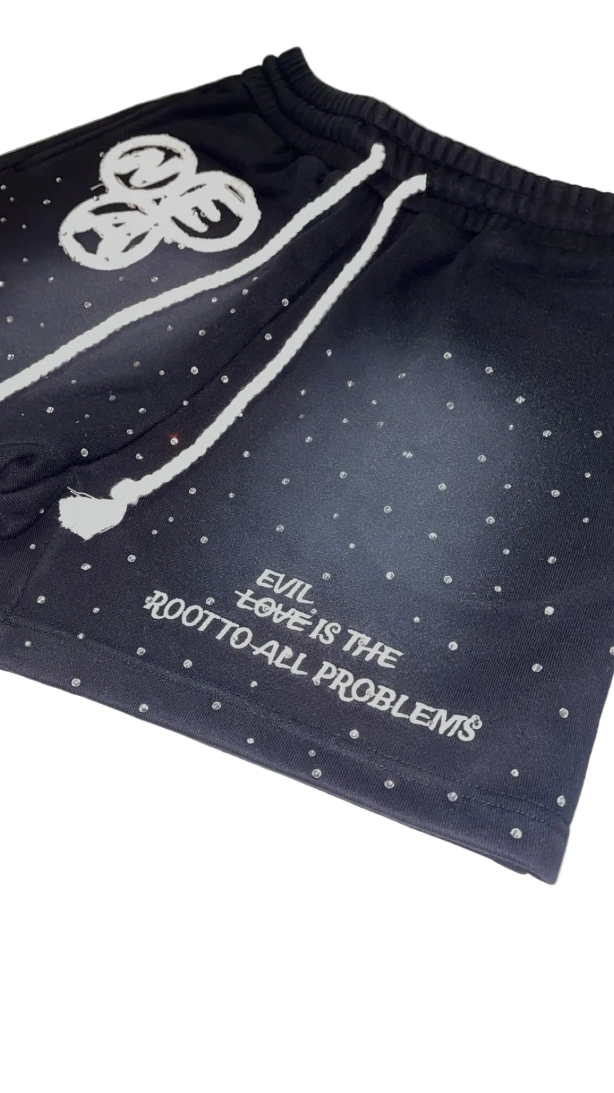 “Evil Is The Root To All Problems” acid wash shorts