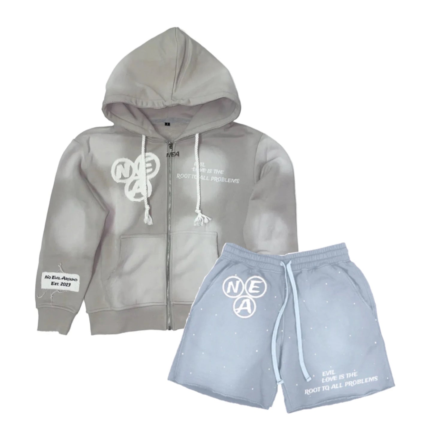 Grey acid wash zip-up and shorts SET