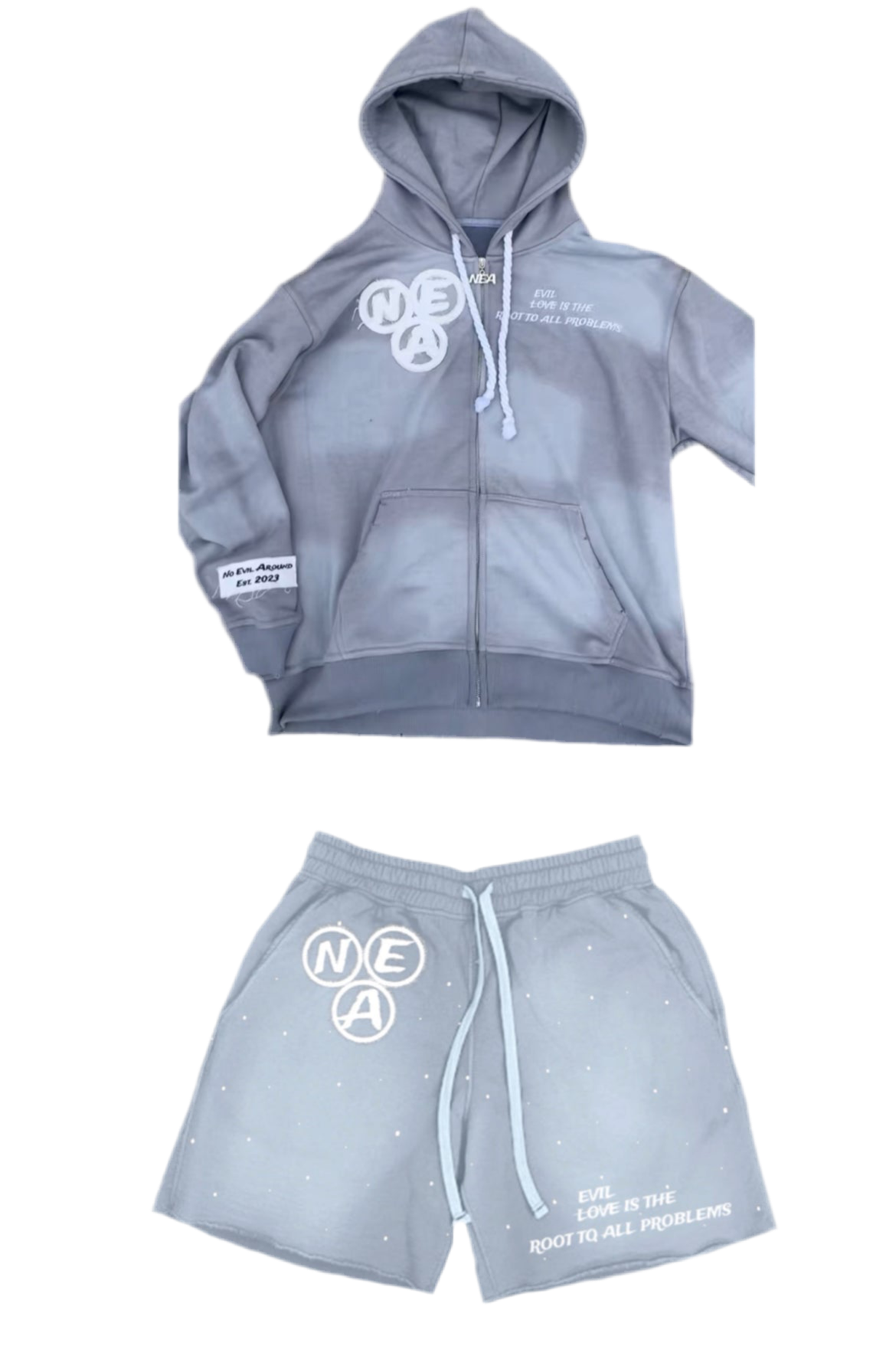 Grey acid wash zip-up and shorts SET