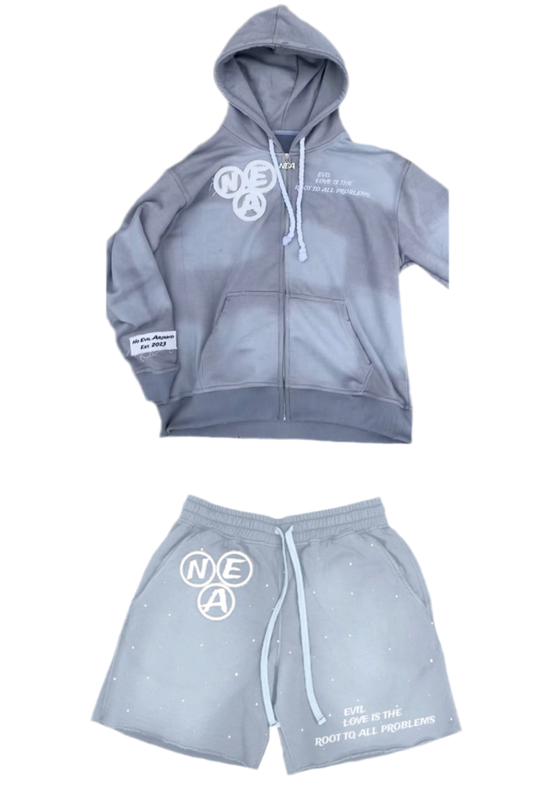 Grey acid wash zip-up and shorts SET