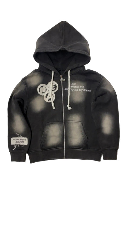 “Evil Is The Root To All Problems” acid wash zip-ups