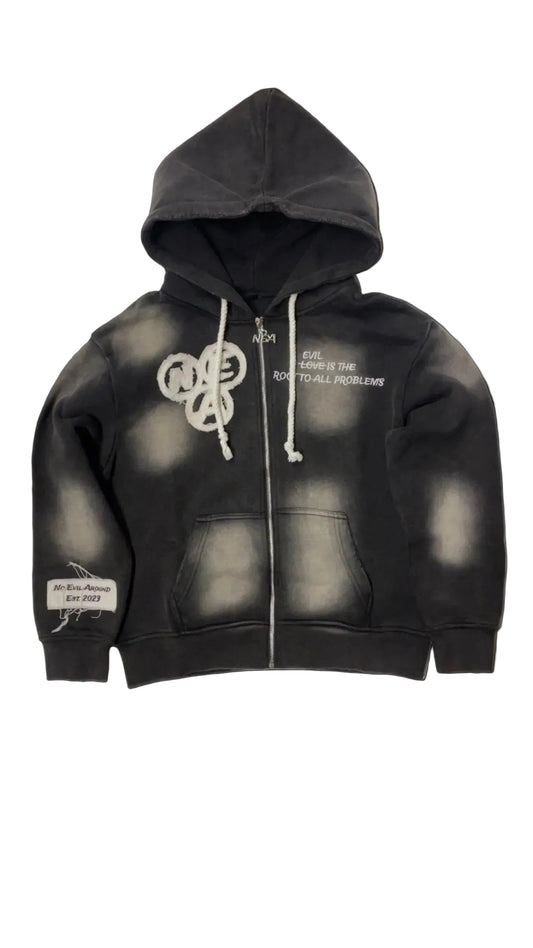 “Evil Is The Root To All Problems” acid wash zip-ups