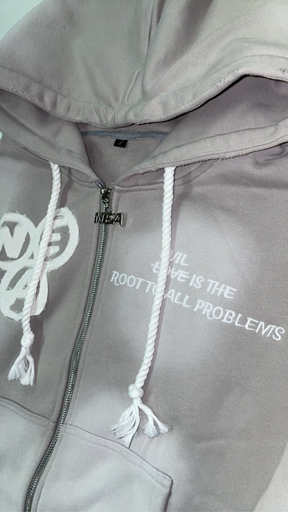 “Evil Is The Root To All Problems” acid wash zip-ups